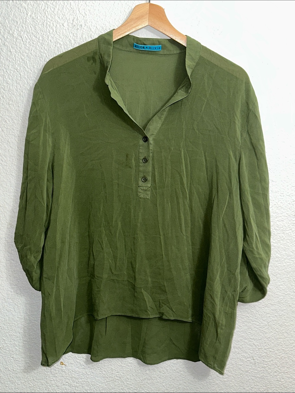 Alice and Olivia Silk Top Olive Green Sheer Womens FLAWED